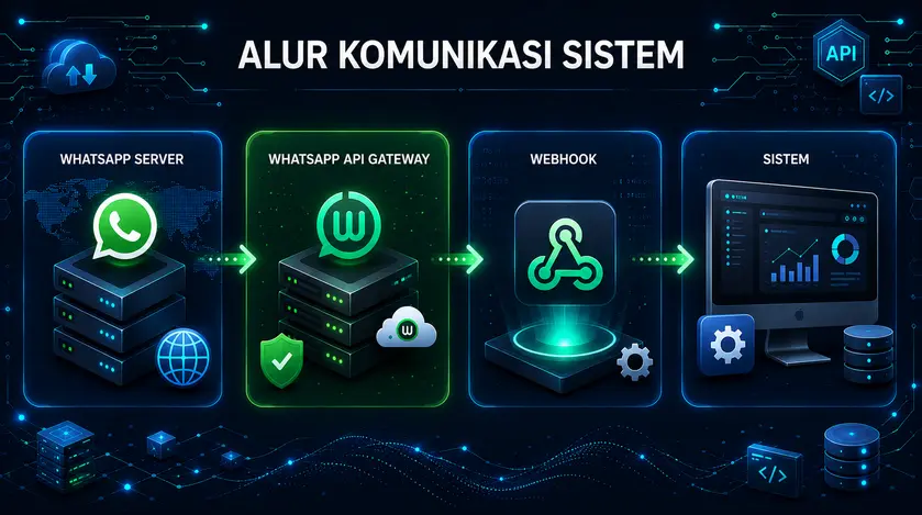 Skema alur status pesan WhatsApp API Gateway dari sistem bisnis ke server WhatsApp dan kembali ke sistem melalui webhook