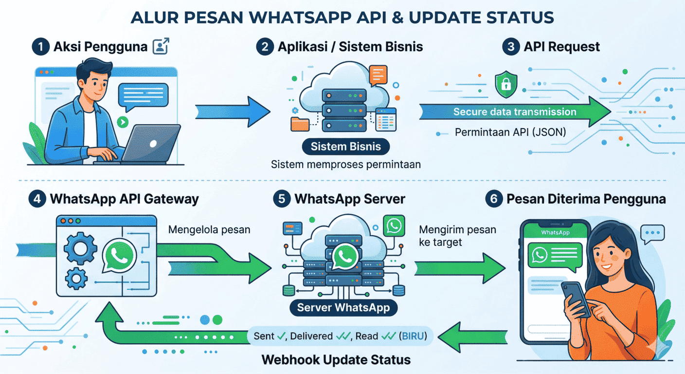 Skema cara kerja WhatsApp API Gateway untuk integrasi sistem bisnis