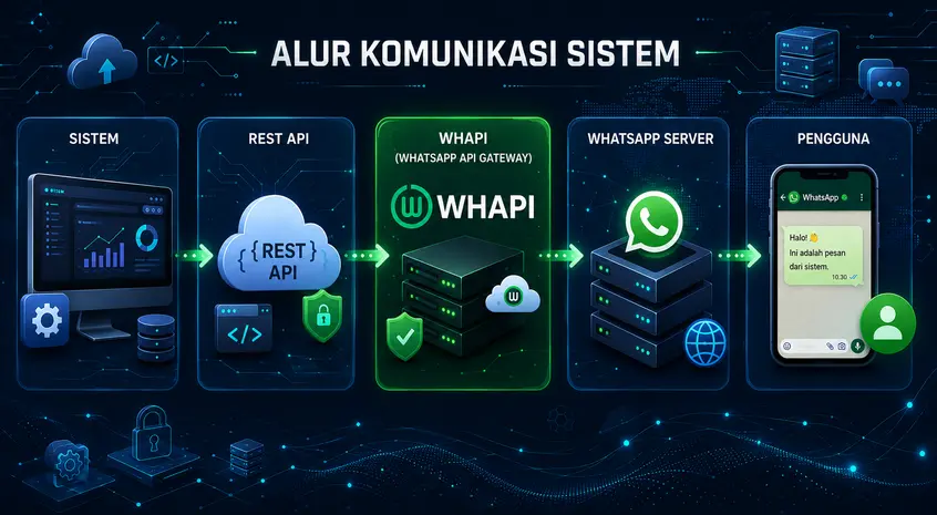 Skema cara kerja WhatsApp API Gateway untuk integrasi sistem bisnis